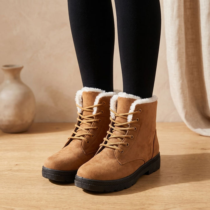 Women's Faux Suede Fleece-Lined Lace-Up Winter Ankle Boots - Brown