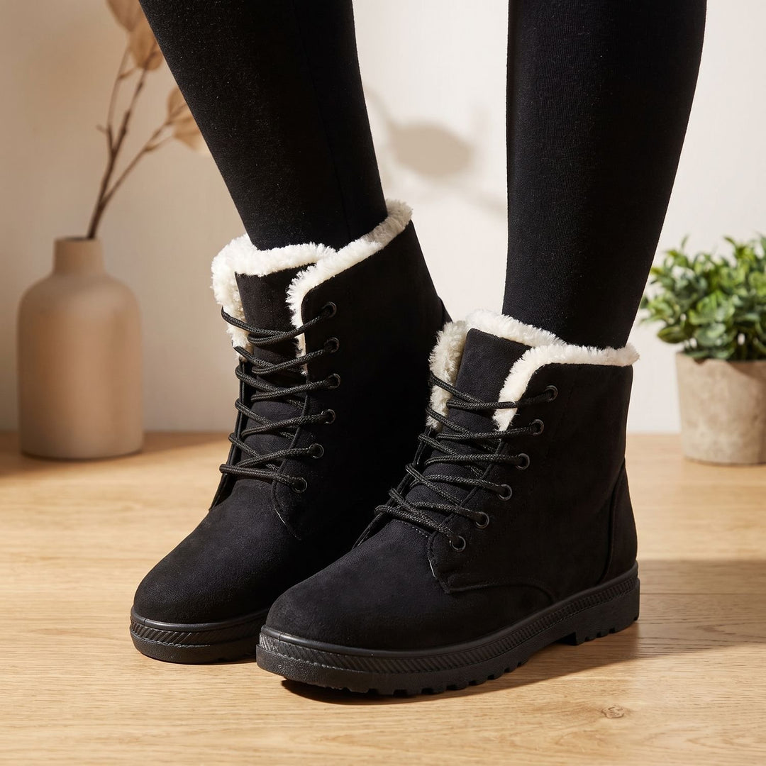Women's Faux Suede Fleece-Lined Lace-Up Winter Ankle Boots - Black