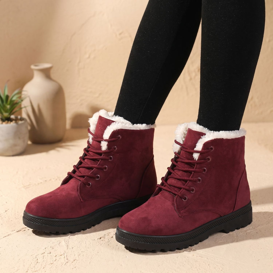 Women's Faux Suede Fleece-Lined Lace-Up Winter Ankle Boots - Red