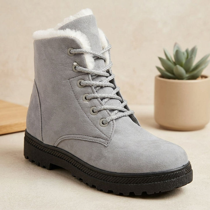 Women's Faux Suede Fleece-Lined Lace-Up Winter Ankle Boots - Gray