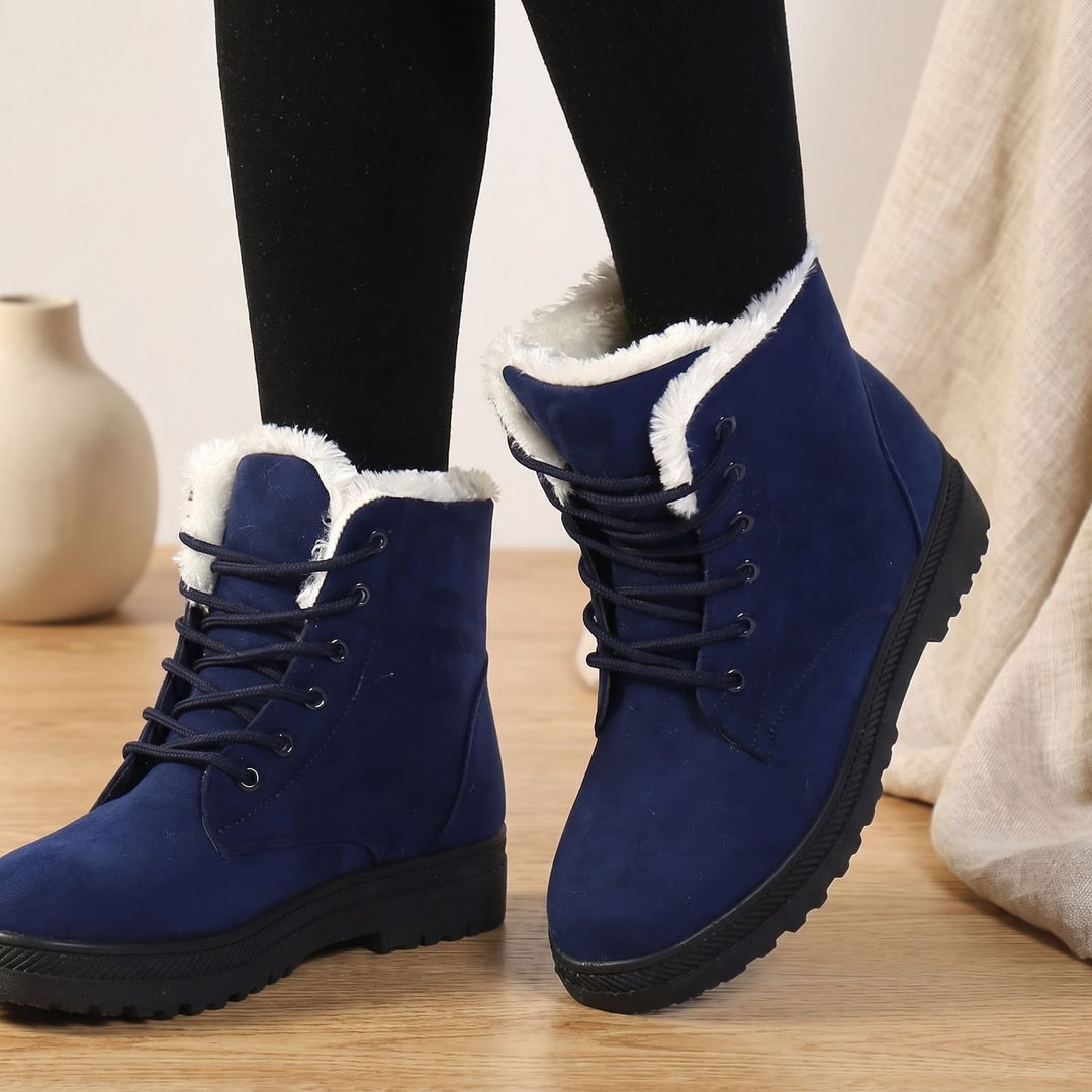 Women's Faux Suede Fleece-Lined Lace-Up Winter Ankle Boots - Blue