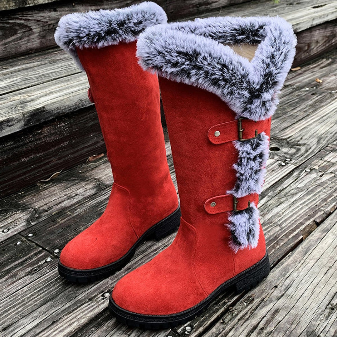 Women's Faux-Suede Fur-Trim Buckle Knee High Boots - Red