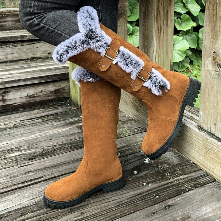 Women's Faux-Suede Fur-Trim Buckle Knee High Boots - Light Brown