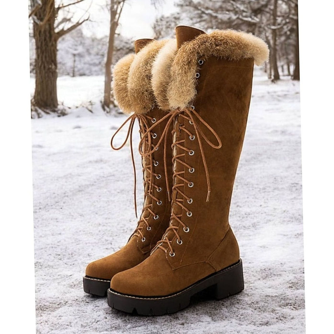 Women's Faux-Suede Lace-Up Plush-Cuff Knee-High Winter Snow Boots - Camel