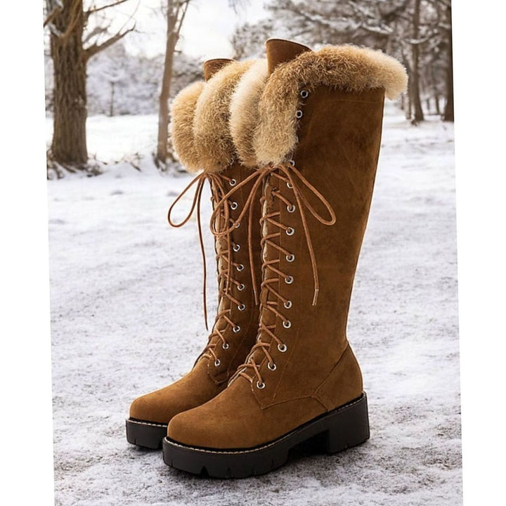 Women's Faux-Suede Lace-Up Plush-Cuff Knee-High Winter Snow Boots - Camel