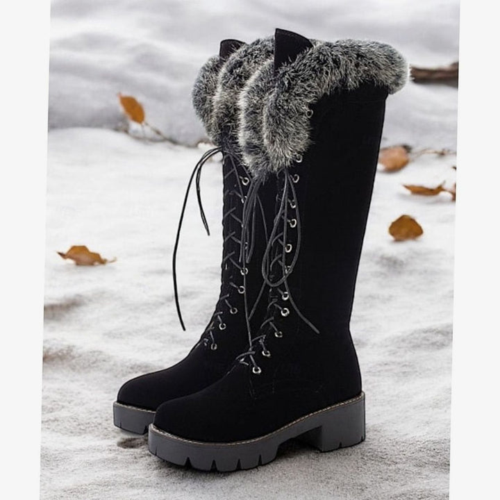 Women's Faux-Suede Lace-Up Plush-Cuff Knee-High Winter Snow Boots - Black