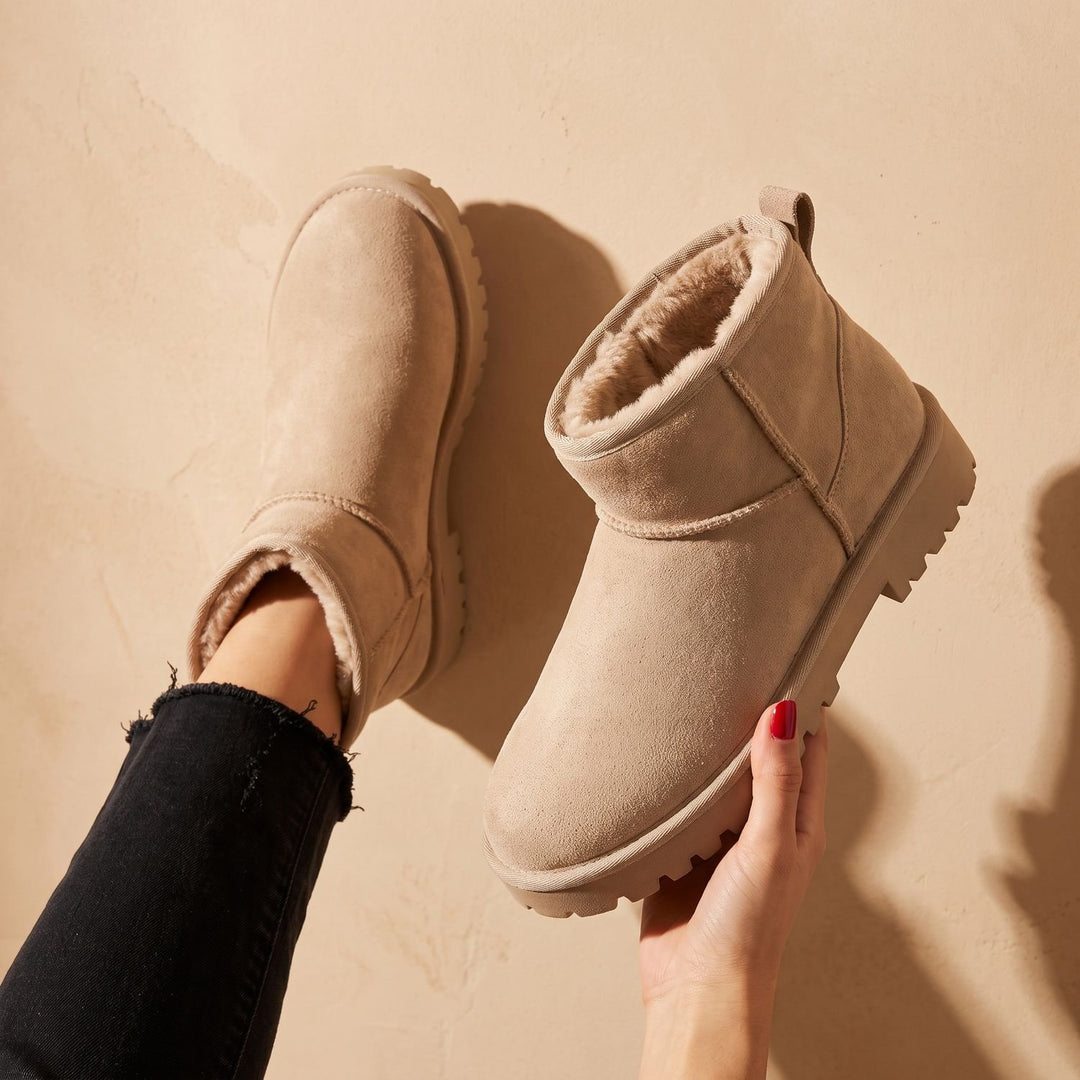 Women's Faux-Suede Slip-On Fleece-Lined Ankle Boots Platform - Beige