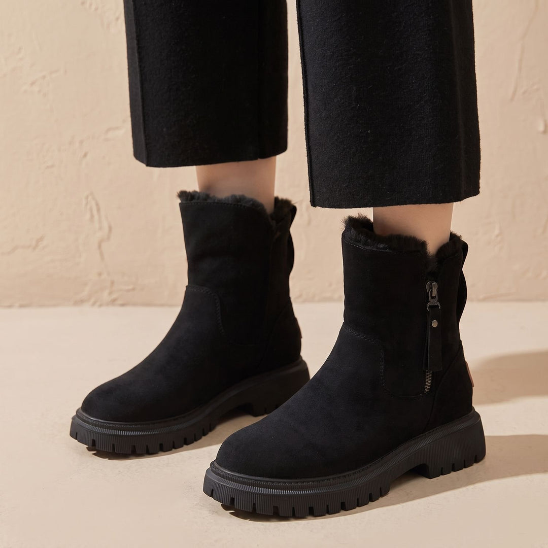 Women's Faux-Suede Slip-On Fleece-Lined Ankle Boots Platform - Black