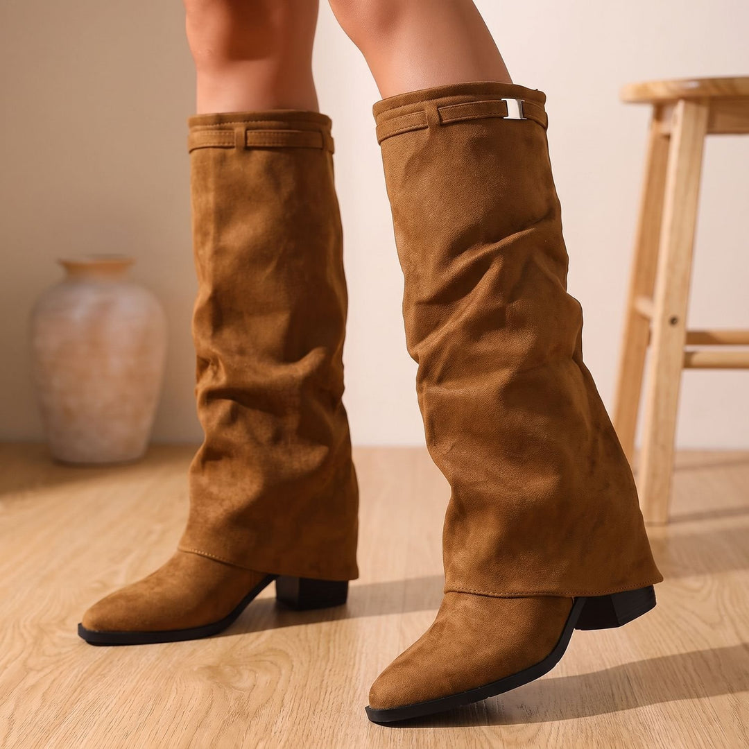 Women's Faux Suede Slouch Knee-High Block Heel Boots