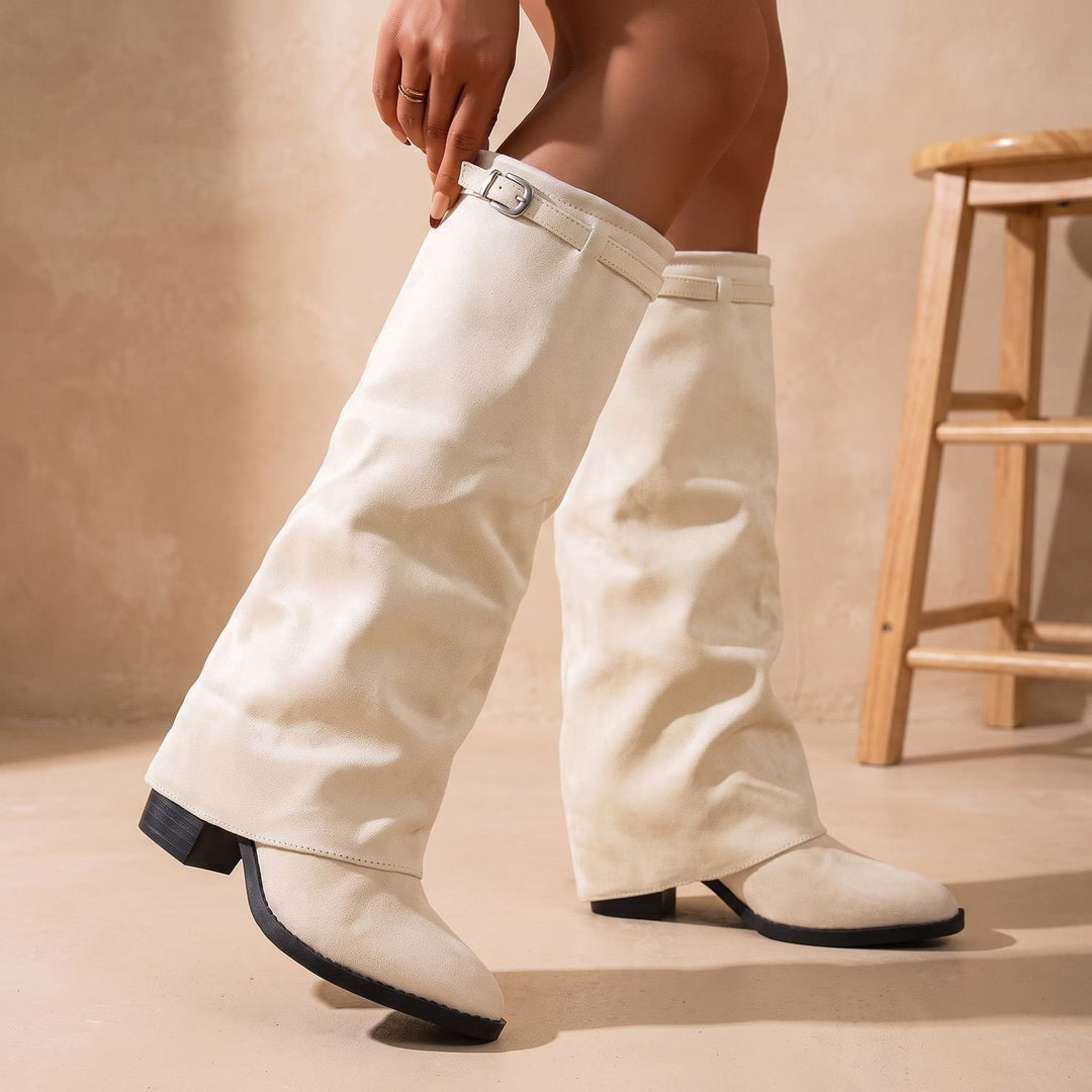 Women's Faux Suede Slouch Knee-High Block Heel Boots - Beige