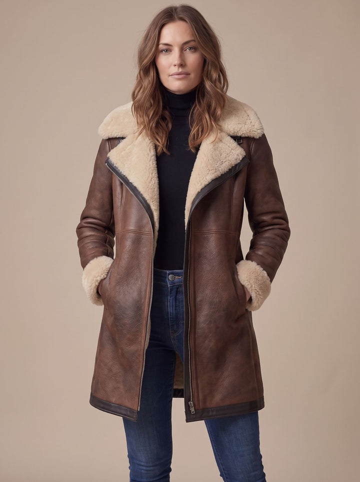Women's Faux Suede Zip-Up Coat Shearling Collar Trim