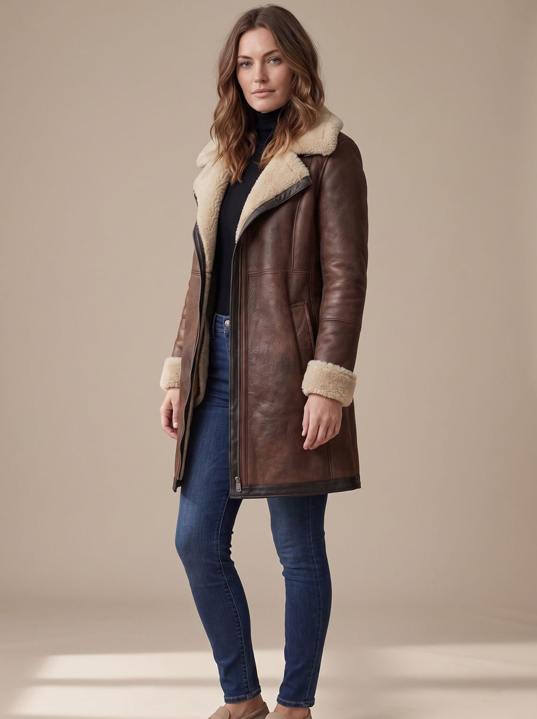 Women's Faux Suede Zip-Up Coat Shearling Collar Trim