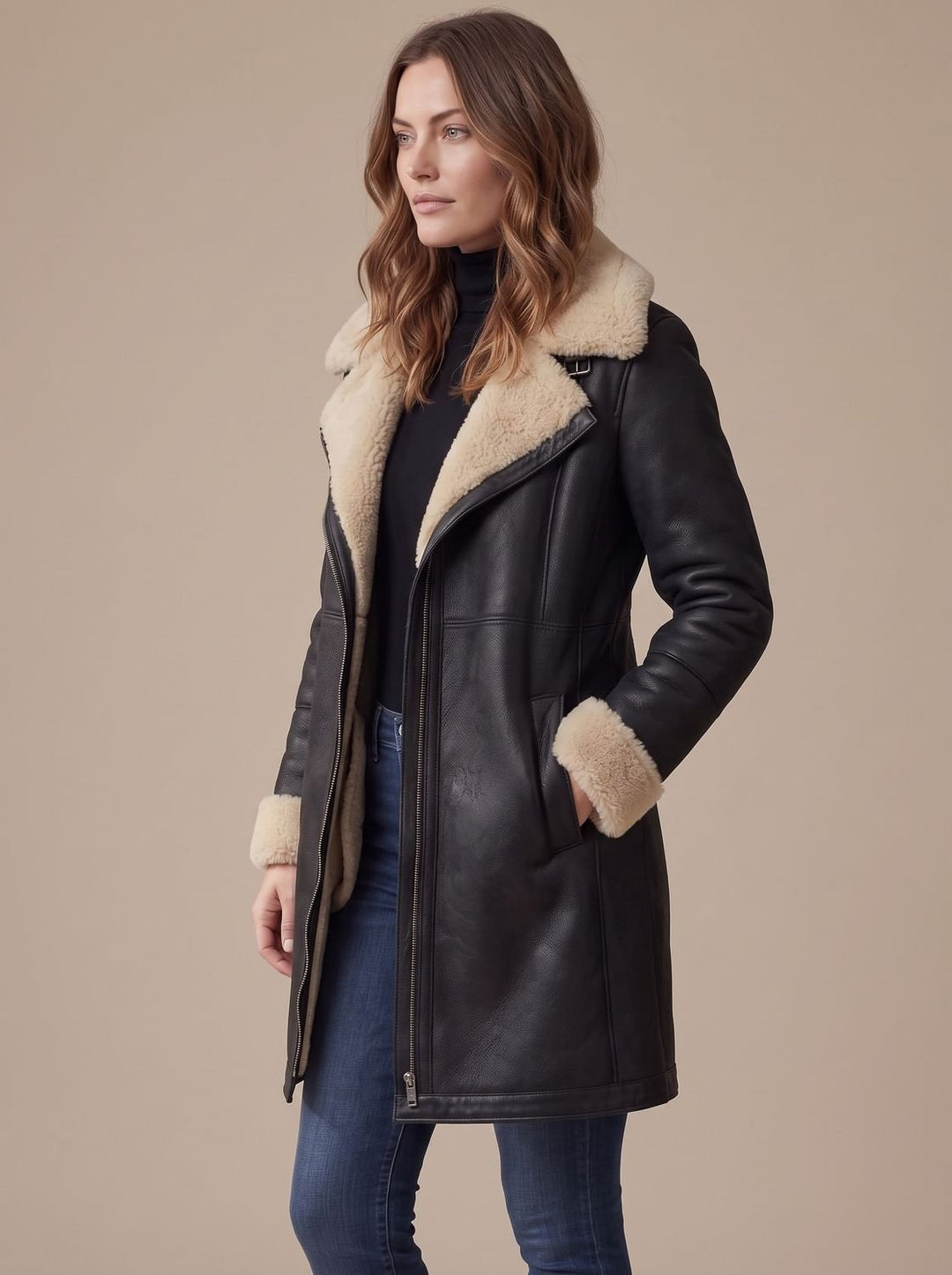 Women's Faux Suede Zip-Up Coat Shearling Collar Trim