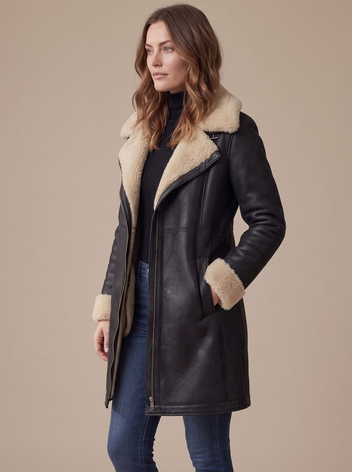 Women's Faux Suede Zip-Up Coat Shearling Collar Trim