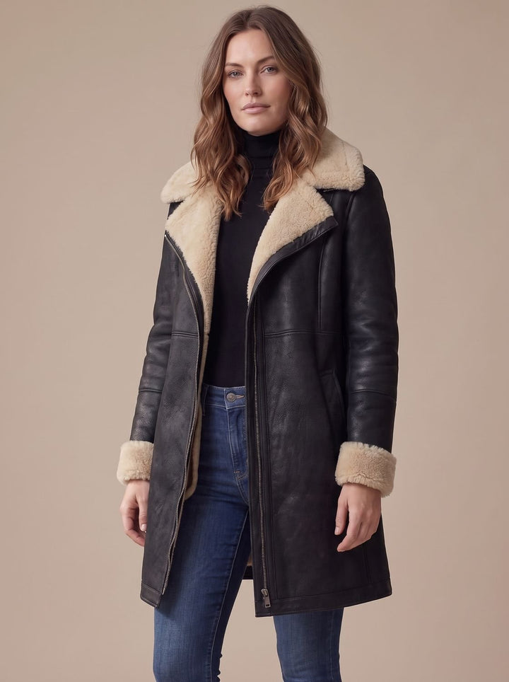 Women's Faux Suede Zip-Up Coat Shearling Collar Trim - Black