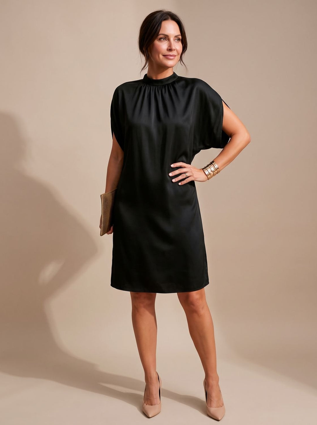 Women's Figure Flattering Mock-Neck Slit-Sleeve Mini Dress - Black