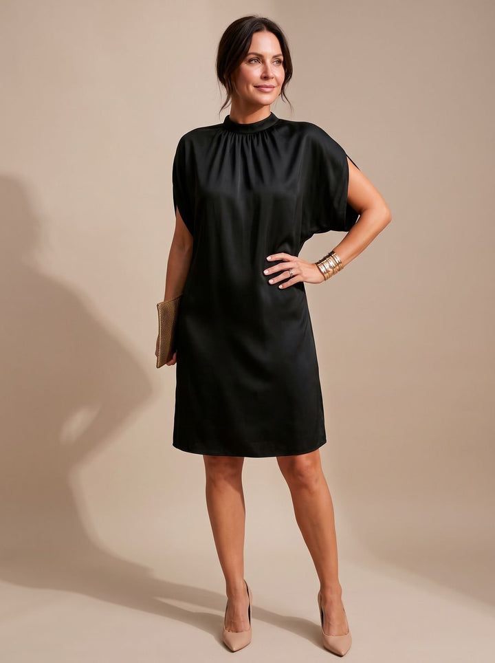 Women's Figure Flattering Mock-Neck Slit-Sleeve Mini Dress - Black