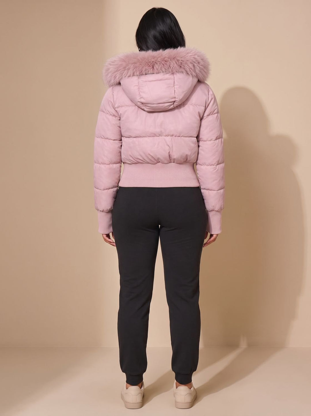 Women's Fitted Faux Fur Hood Cropped Puffer Jacket