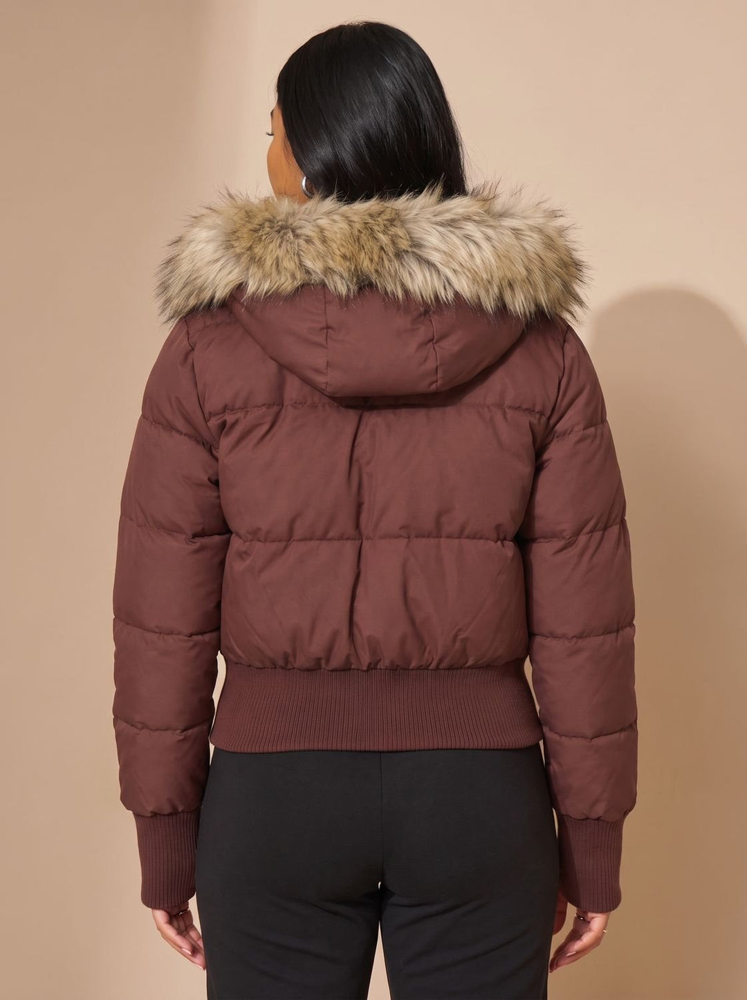Women's Fitted Faux Fur Hood Cropped Puffer Jacket