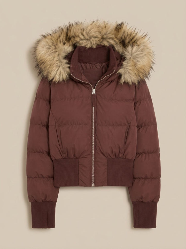 Women's Fitted Faux Fur Hood Cropped Puffer Jacket