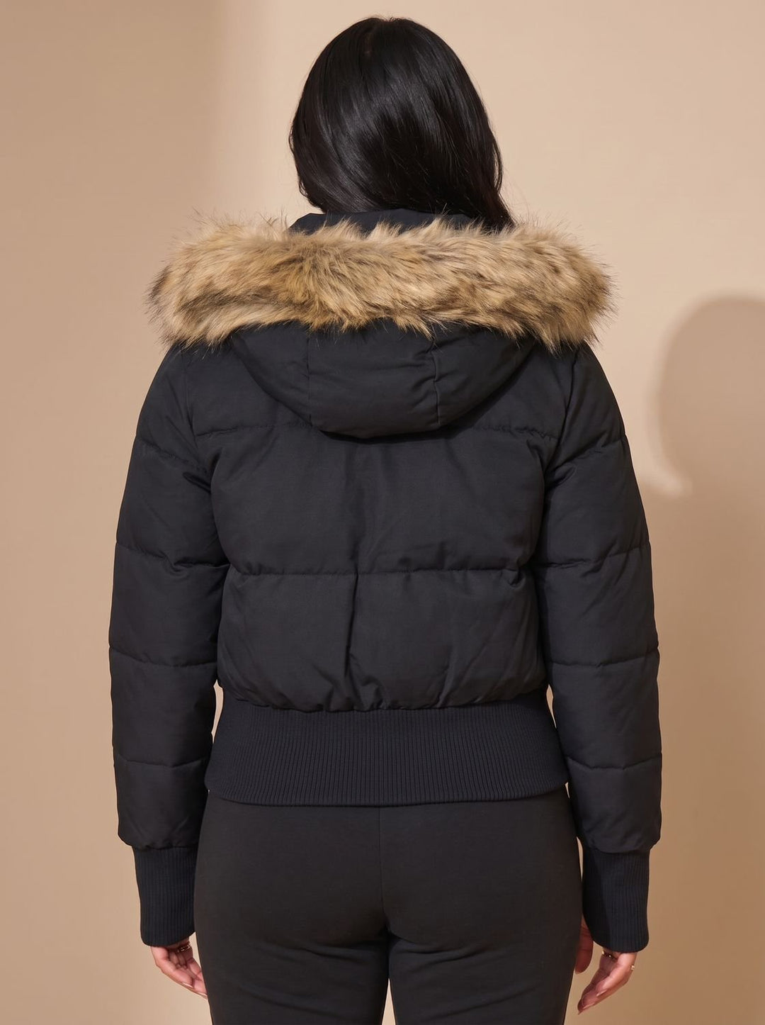 Women's Fitted Faux Fur Hood Cropped Puffer Jacket