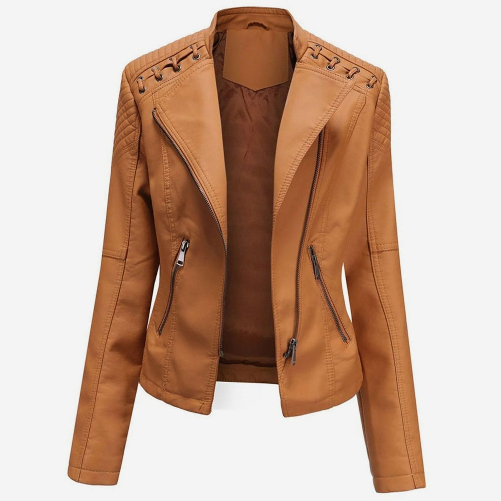 Women's Fitted Faux Leather Zipper Front Jacket - Camel