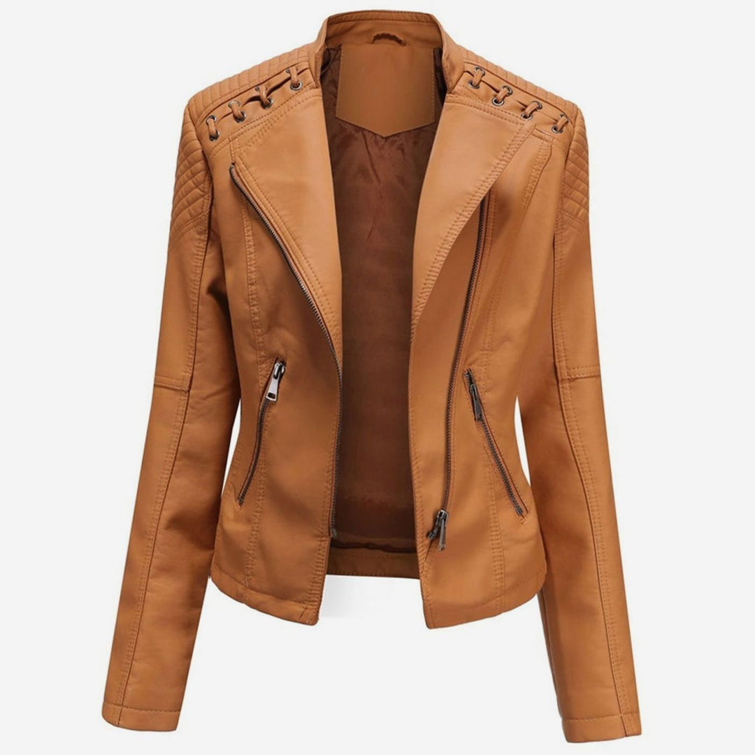 Women's Fitted Faux Leather Zipper Front Jacket - Camel