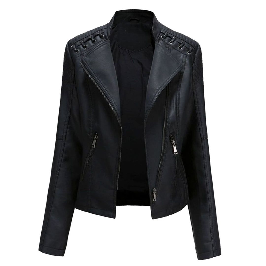 Women's Fitted Faux Leather Zipper Front Jacket - Black