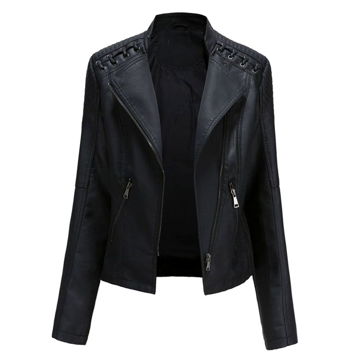 Women's Fitted Faux Leather Zipper Front Jacket - Black