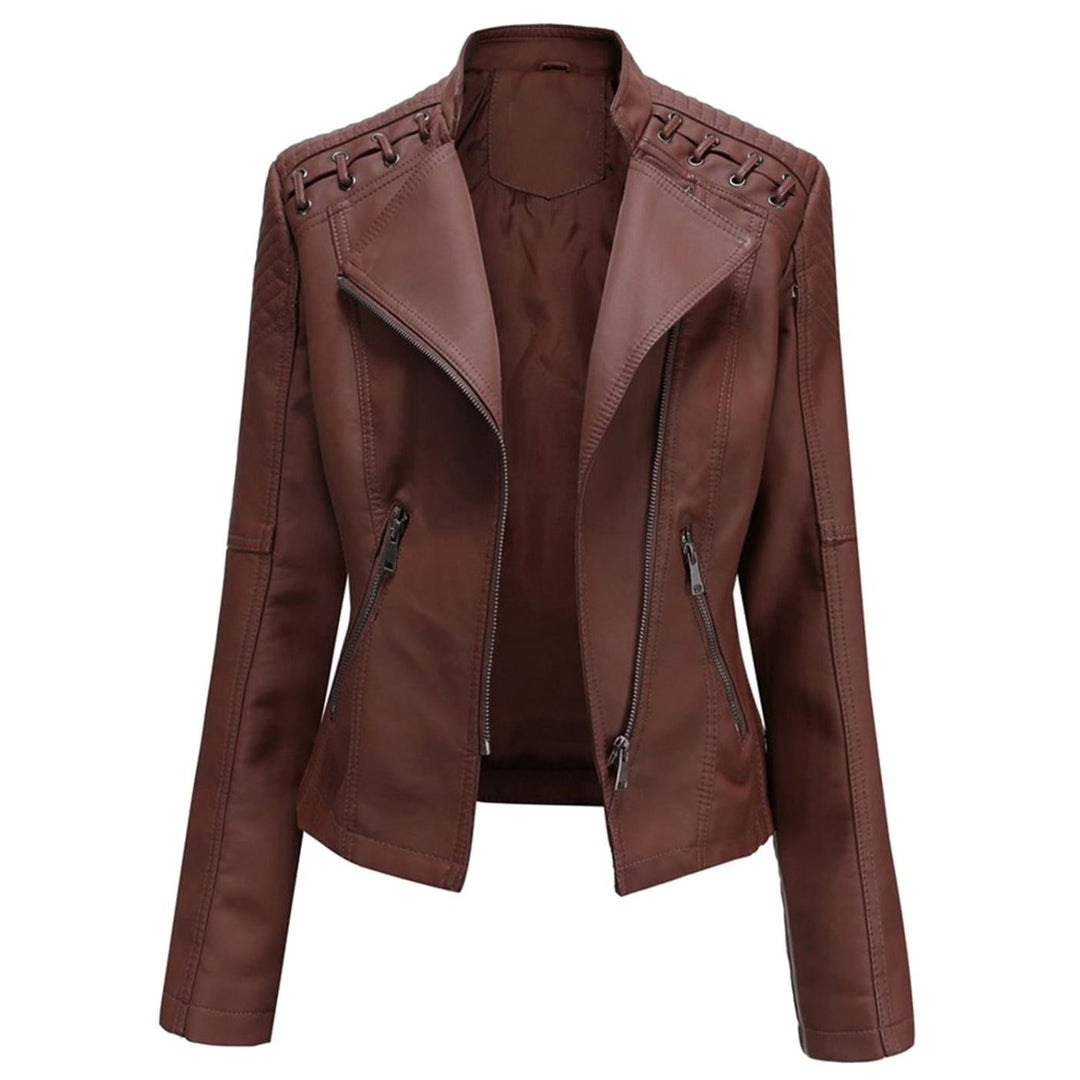 Women's Fitted Faux Leather Zipper Front Jacket - Coffee