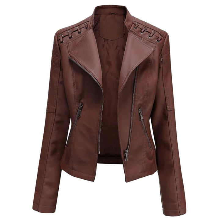 Women's Fitted Faux Leather Zipper Front Jacket - Coffee