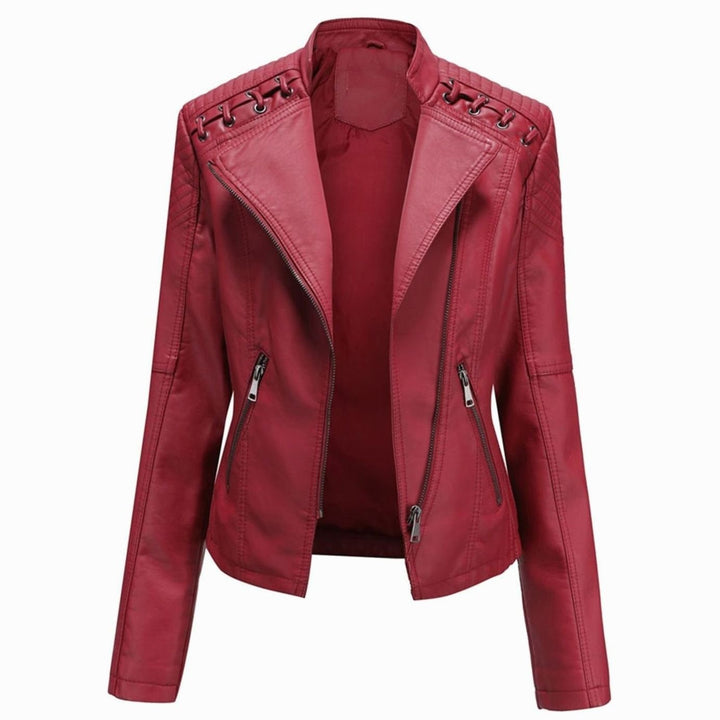 Women's Fitted Faux Leather Zipper Front Jacket - Burgundy