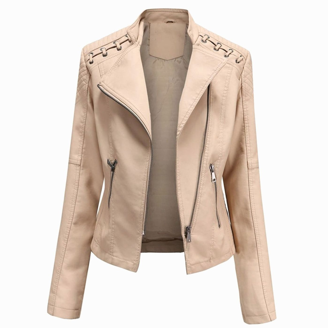 Women's Fitted Faux Leather Zipper Front Jacket - Khaki