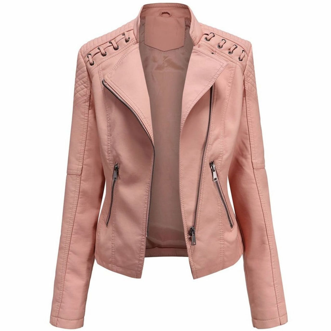 Women's Fitted Faux Leather Zipper Front Jacket - Pink
