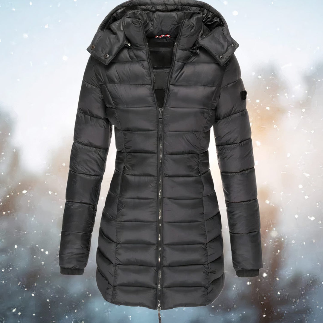 Women's Fitted Hooded Quilted Jacket Long Puffer Coat - Black