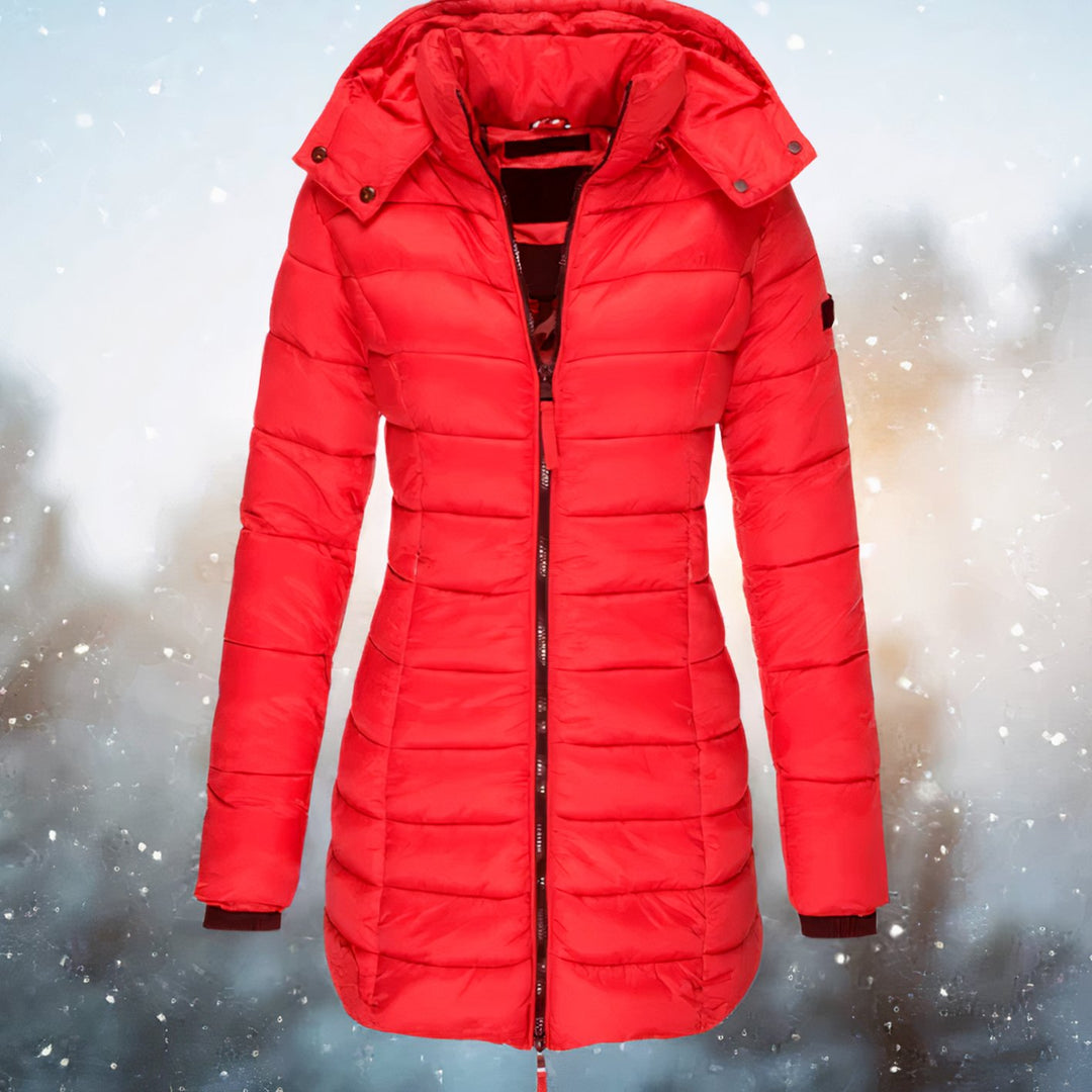 Women's Fitted Hooded Quilted Jacket Long Puffer Coat - Red
