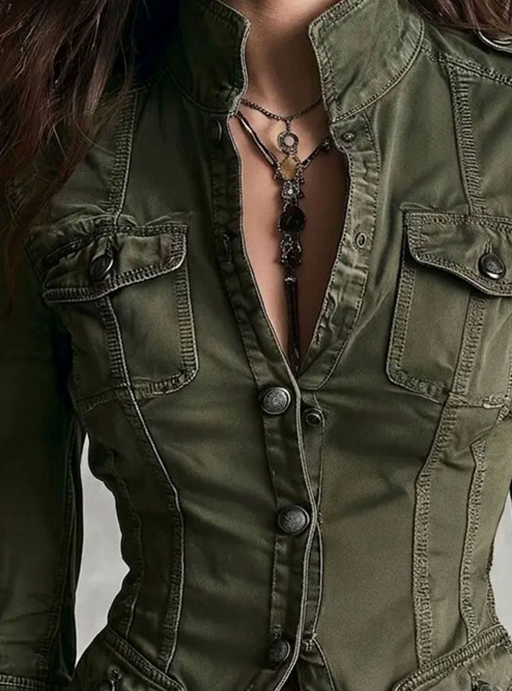 Women's Fitted Military Button-Front Multi-Pocket Utility Jacket