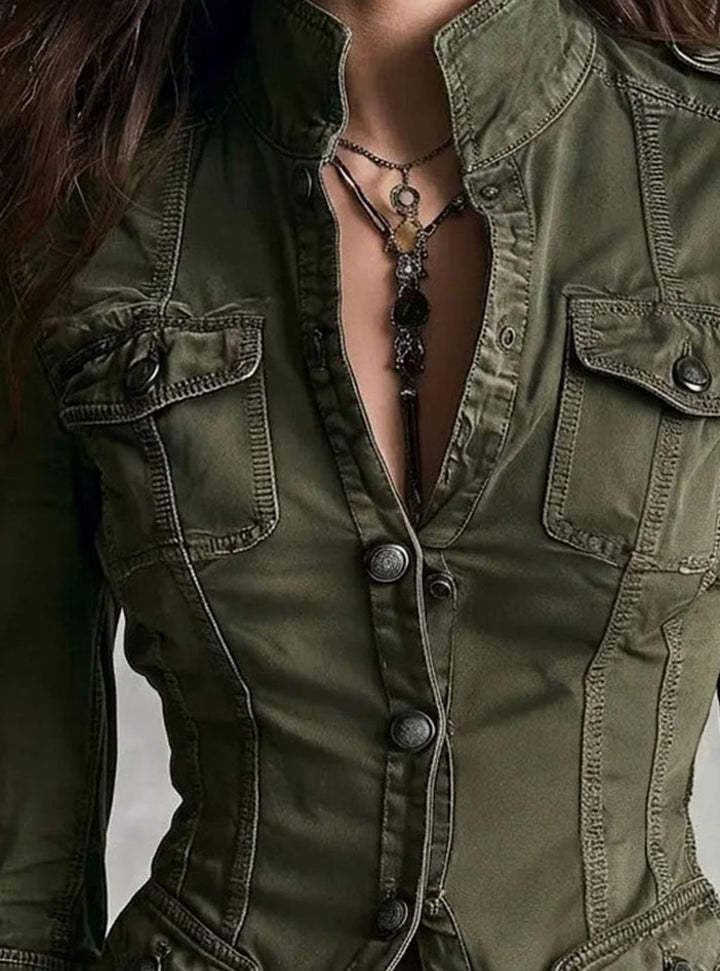 Women's Fitted Military Button-Front Multi-Pocket Utility Jacket