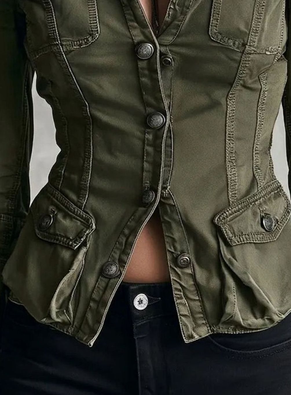 Women's Fitted Military Button-Front Multi-Pocket Utility Jacket