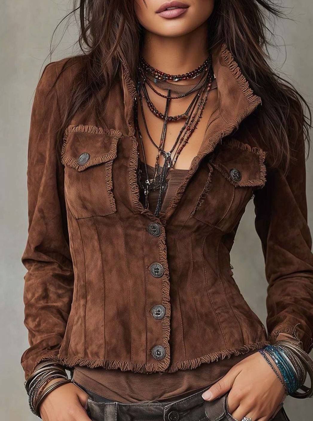 Women's Fitted Suede-Look Raw-Edge Button-Front Jacket - Brown