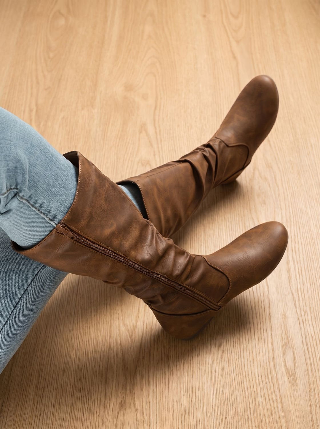 Women's Flat Knee High Boots Gathered-Shaft Side-Zip Round-Toe