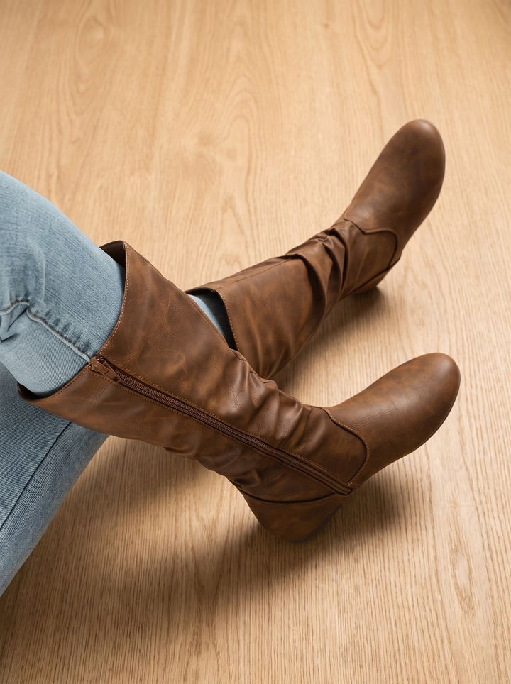 Women's Flat Knee High Boots Gathered-Shaft Side-Zip Round-Toe