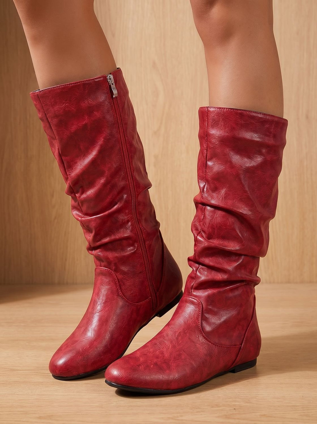 Women's Flat Knee High Boots Gathered-Shaft Side-Zip Round-Toe