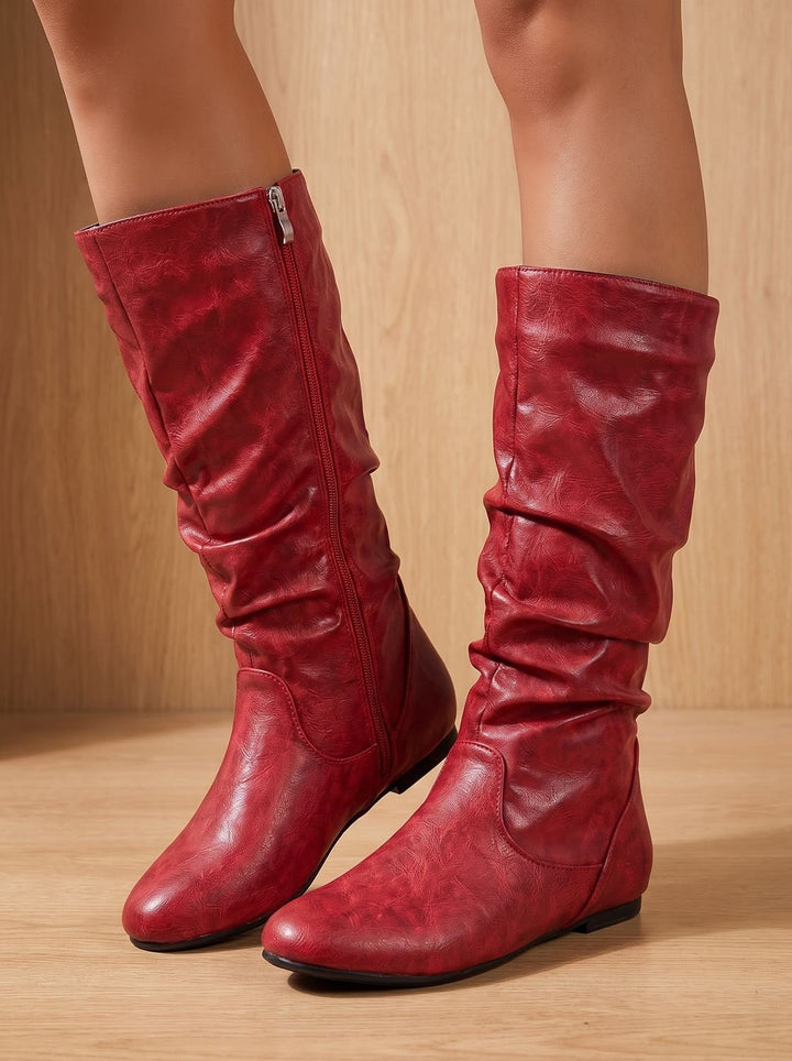 Women's Flat Knee High Boots Gathered-Shaft Side-Zip Round-Toe