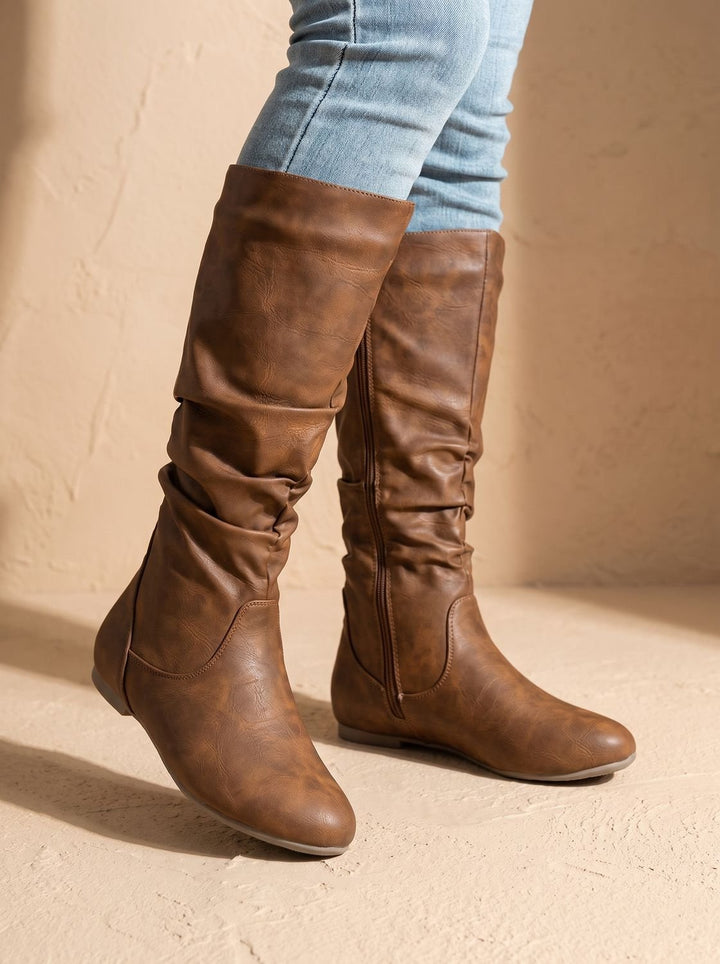 Women's Flat Knee High Boots Gathered-Shaft Side-Zip Round-Toe