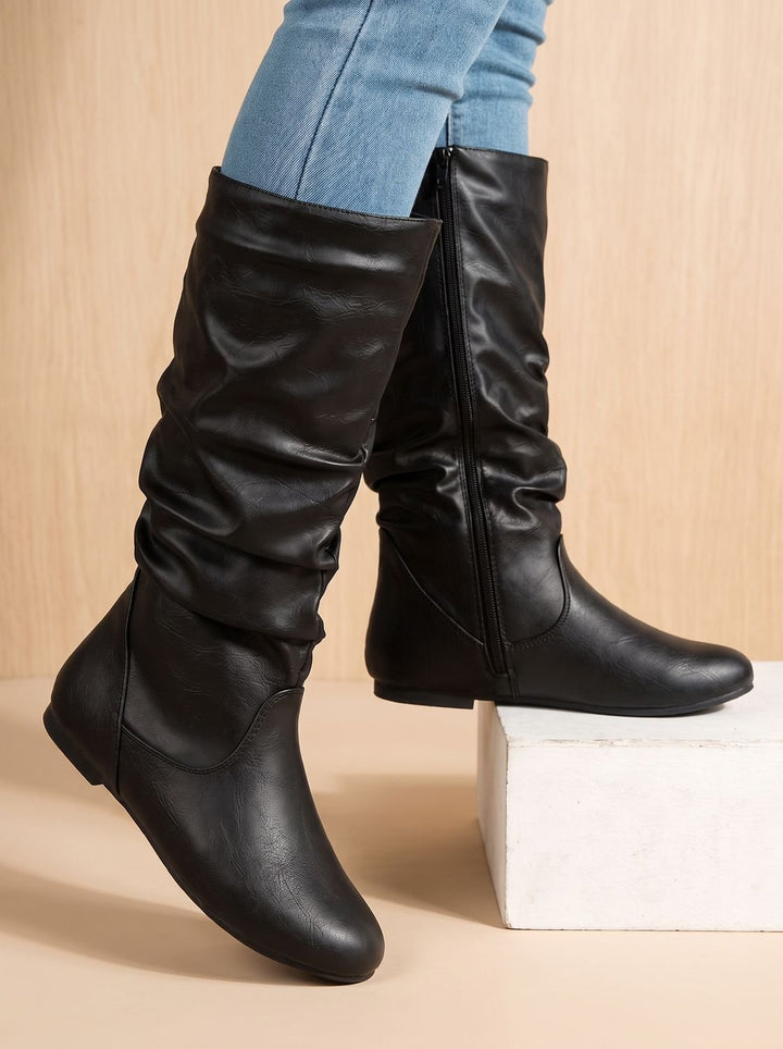 Women's Flat Knee High Boots Gathered-Shaft Side-Zip Round-Toe