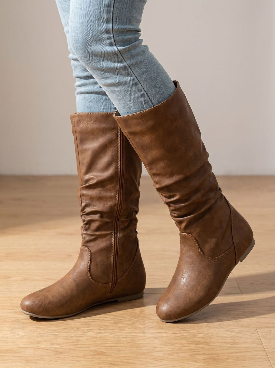 Women's Flat Knee High Boots Gathered-Shaft Side-Zip Round-Toe