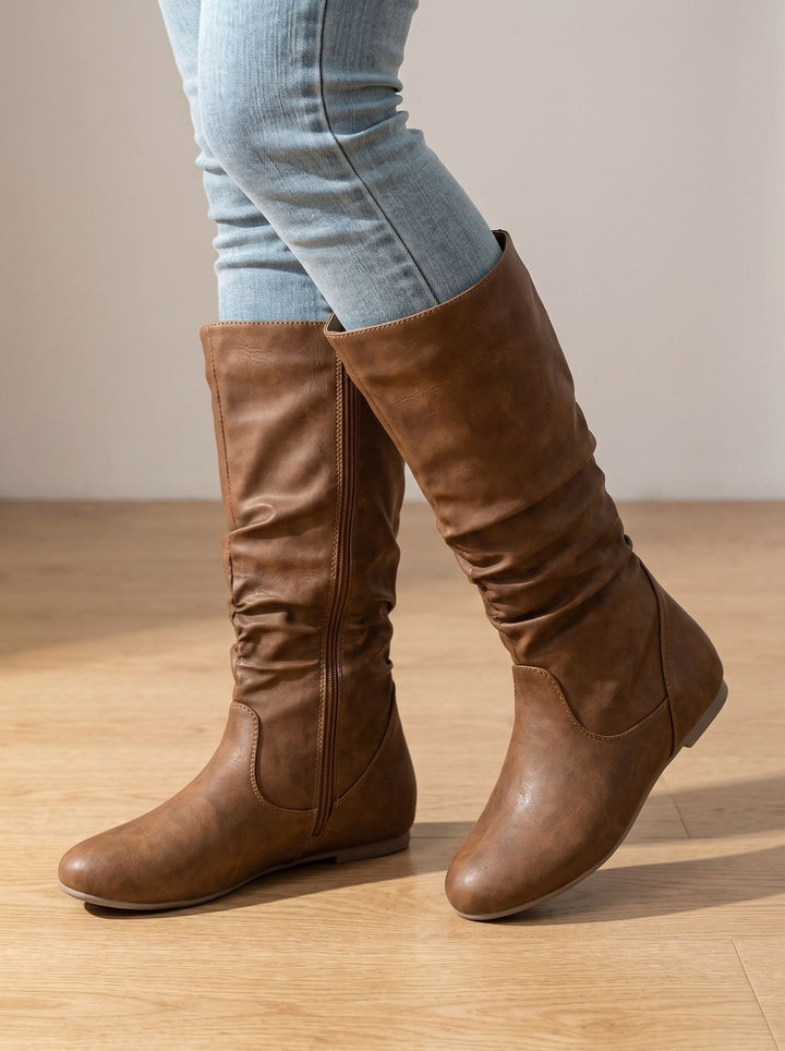 Women's Flat Knee High Boots Gathered-Shaft Side-Zip Round-Toe