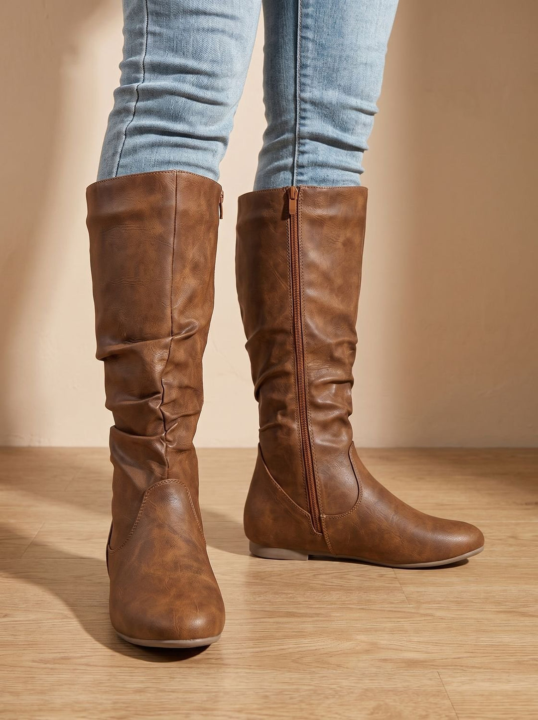 Women's Flat Knee High Boots Gathered-Shaft Side-Zip Round-Toe - Light Brown