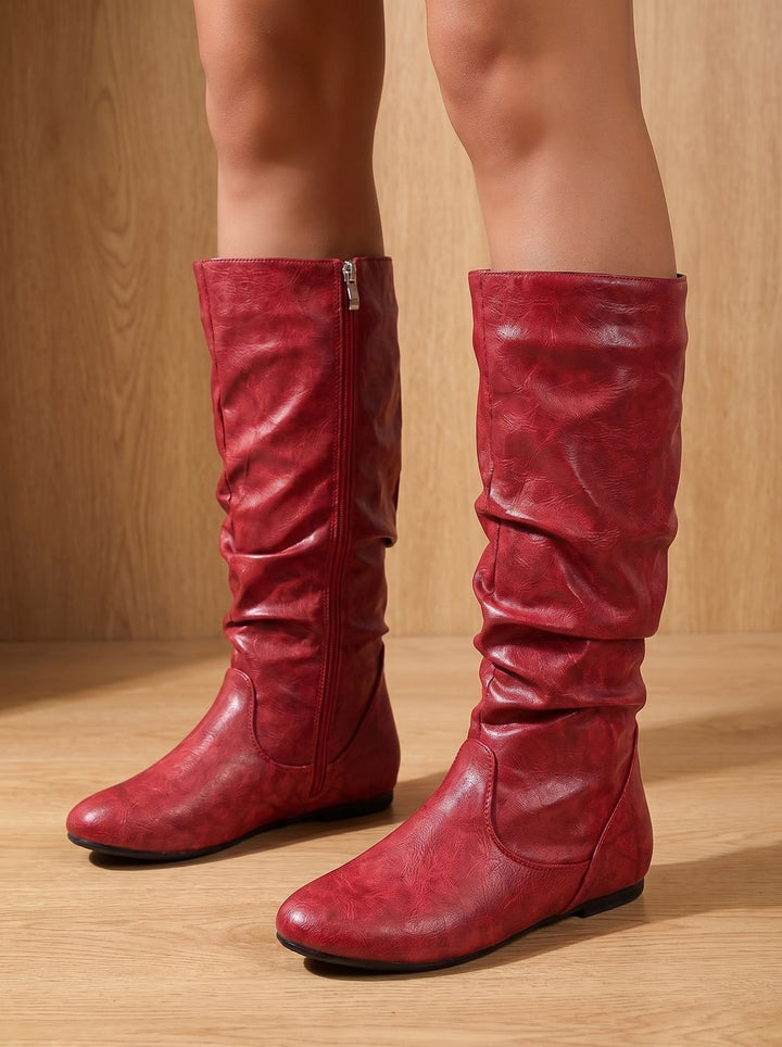 Women's Flat Knee High Boots Gathered-Shaft Side-Zip Round-Toe